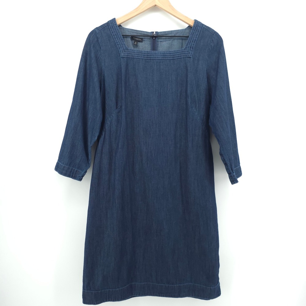 Talbots Womens Denim Shift Dress 10 Blue Square Neck 3/4 Sleeve Classic Indigo